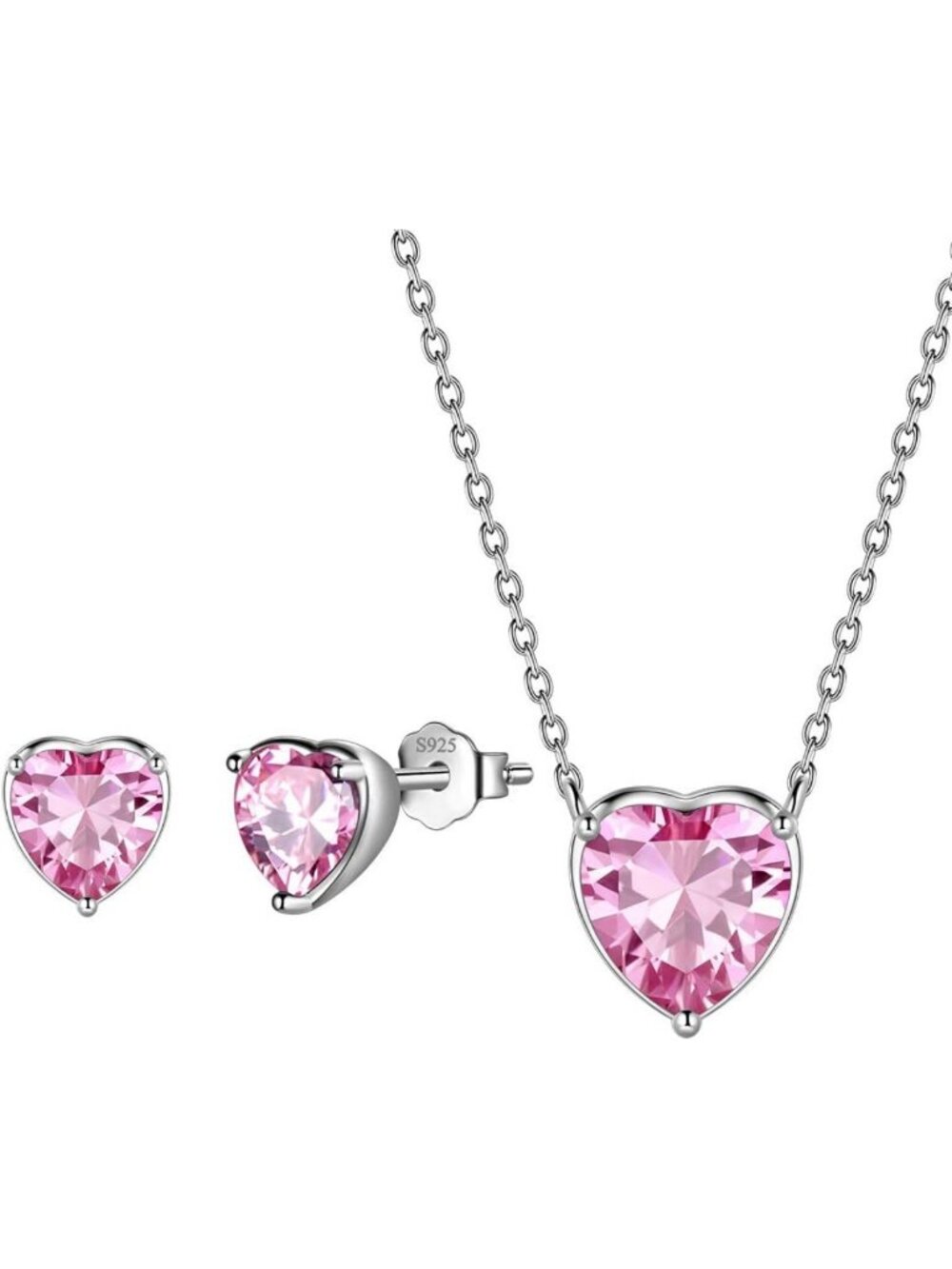 Elegant 925 Sterling Silver Birthstone Heart Necklace & Earrings Set - Wedding